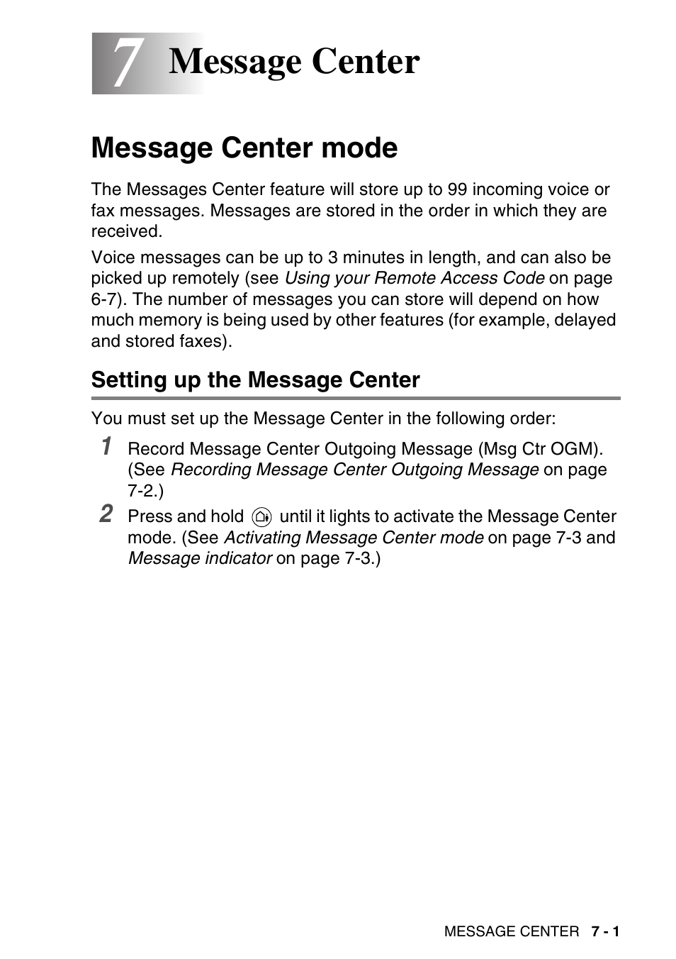 7 message center, Message center mode, Setting up the message center | Message center -1, Message center mode -1, Setting up the message center -1, Message center | Brother MFC-640CW User Manual | Page 97 / 225