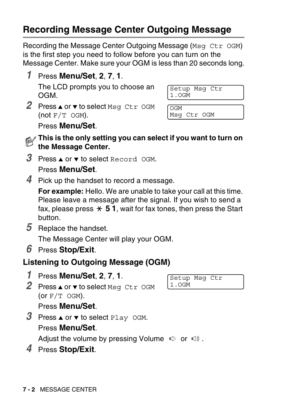 Recording message center outgoing message, Listening to outgoing message (ogm), Recording message center outgoing message -2 | Listening to outgoing message (ogm) -2 | Brother MFC-640CW User Manual | Page 98 / 225