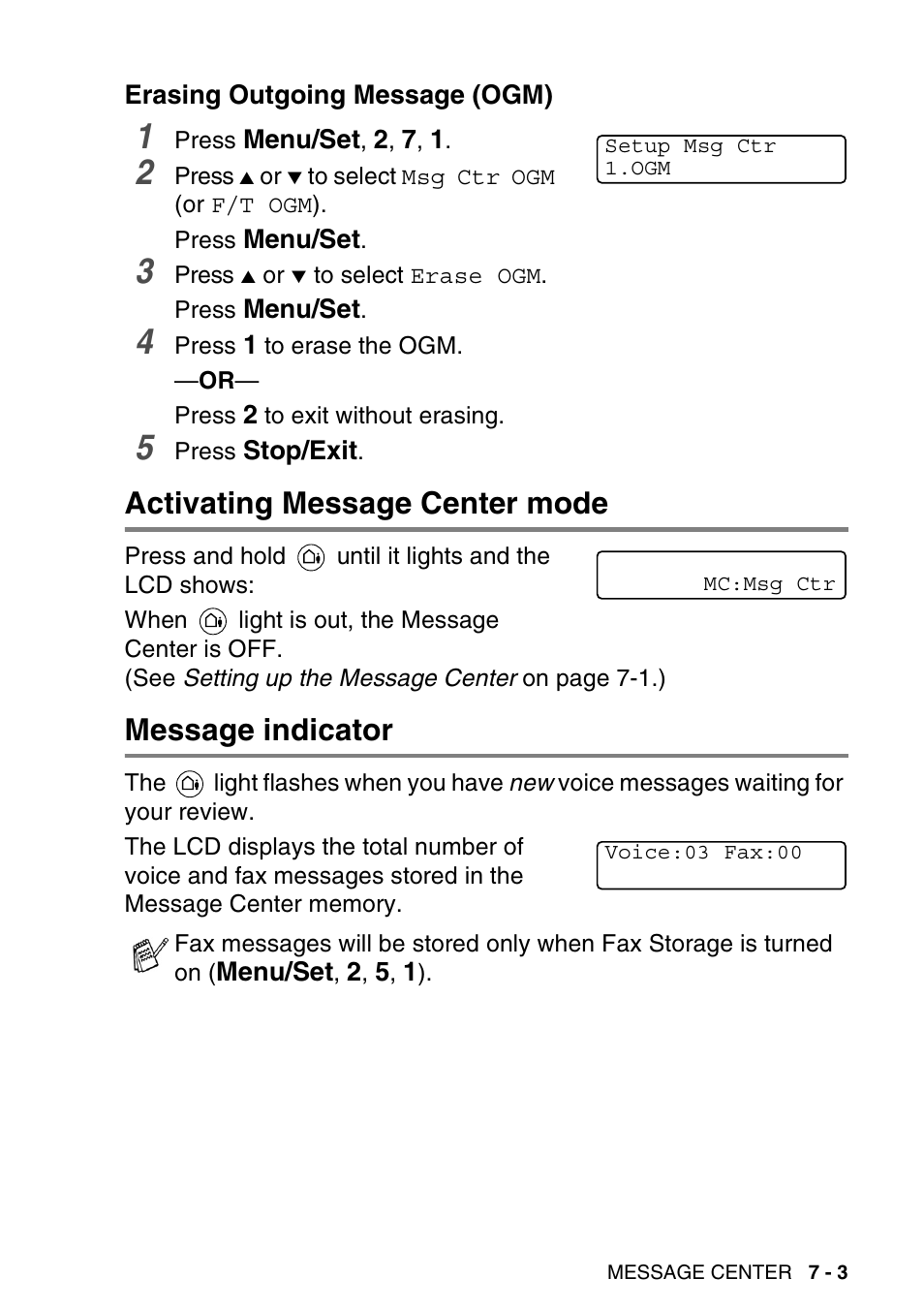 Erasing outgoing message (ogm), Activating message center mode, Message indicator | Erasing outgoing message (ogm) -3 | Brother MFC-640CW User Manual | Page 99 / 225