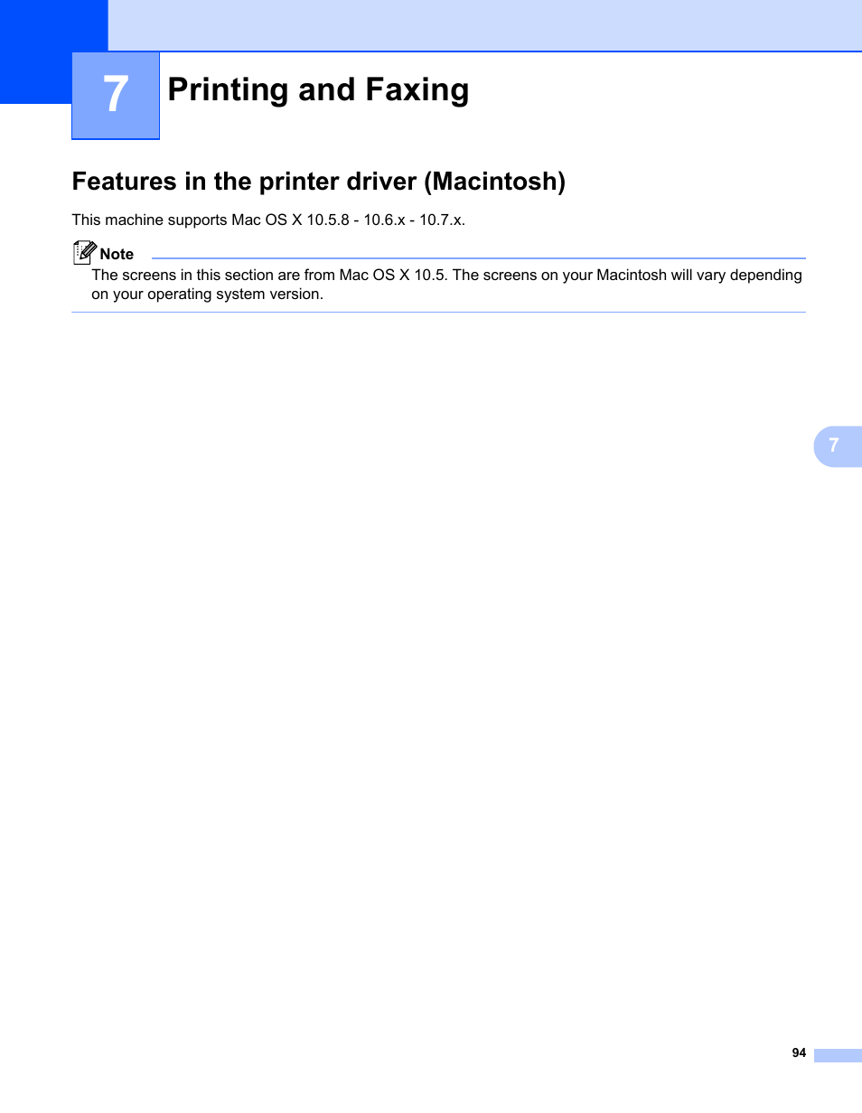 7 printing and faxing, Features in the printer driver (macintosh), Printing and faxing | Brother MFC-7240 User Manual | Page 101 / 160