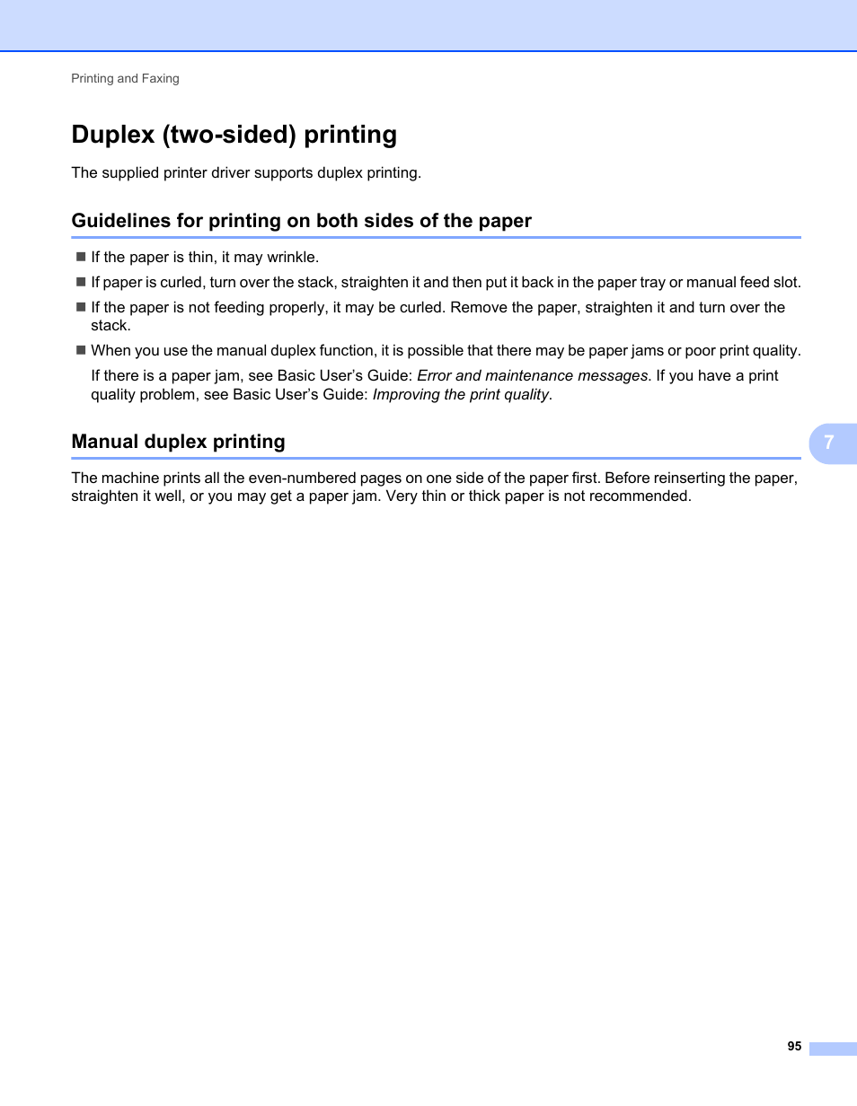 Duplex (two-sided) printing, Guidelines for printing on both sides of the paper, Manual duplex printing | Brother MFC-7240 User Manual | Page 102 / 160