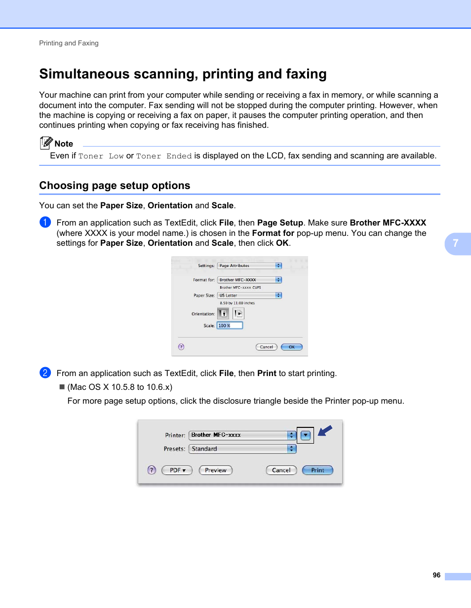 Simultaneous scanning, printing and faxing, Choosing page setup options | Brother MFC-7240 User Manual | Page 103 / 160