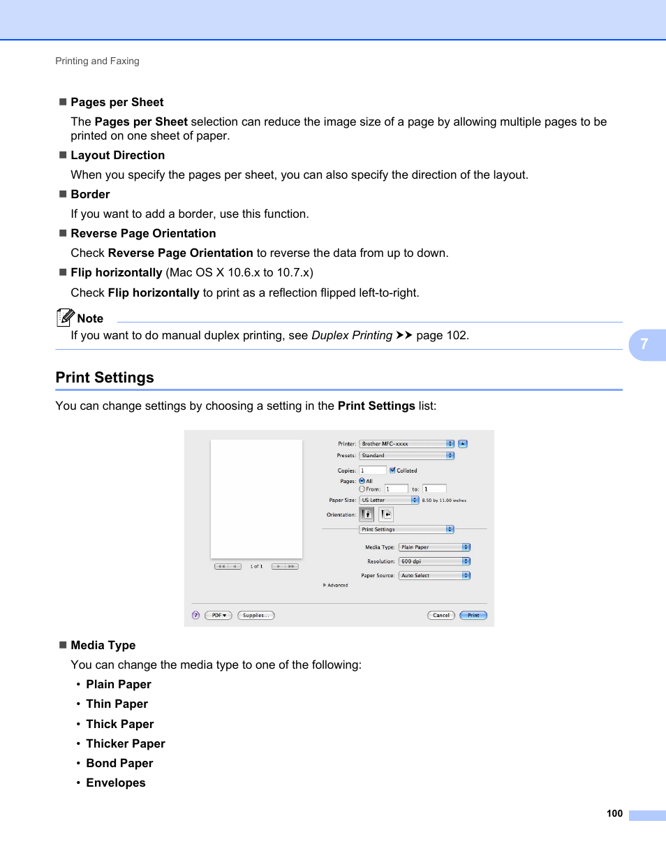 Print settings | Brother MFC-7240 User Manual | Page 107 / 160