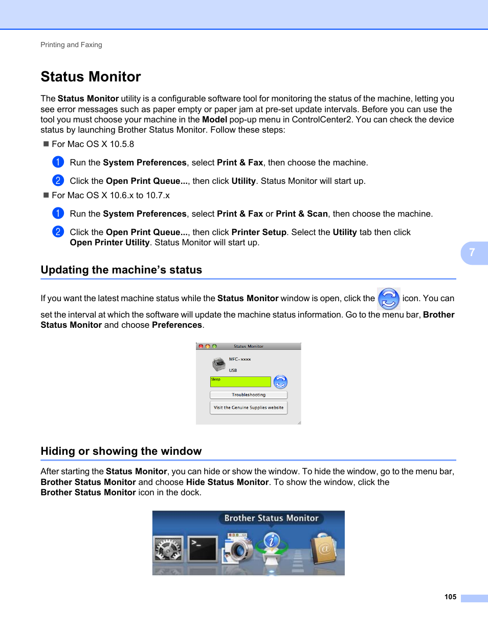 Status monitor, Updating the machine’s status, Hiding or showing the window | Brother MFC-7240 User Manual | Page 112 / 160