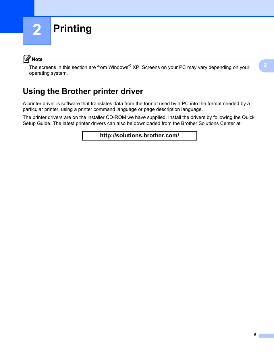 2 printing, Using the brother printer driver, Printing | Brother MFC-7240 User Manual | Page 12 / 160