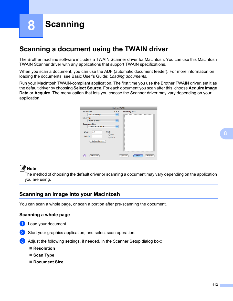 8 scanning, Scanning a document using the twain driver, Scanning an image into your macintosh | Scanning | Brother MFC-7240 User Manual | Page 120 / 160