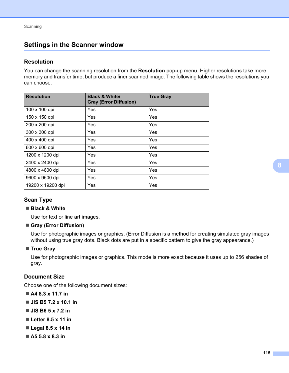 Settings in the scanner window, Resolution, Scan type | Document size, 8settings in the scanner window | Brother MFC-7240 User Manual | Page 122 / 160