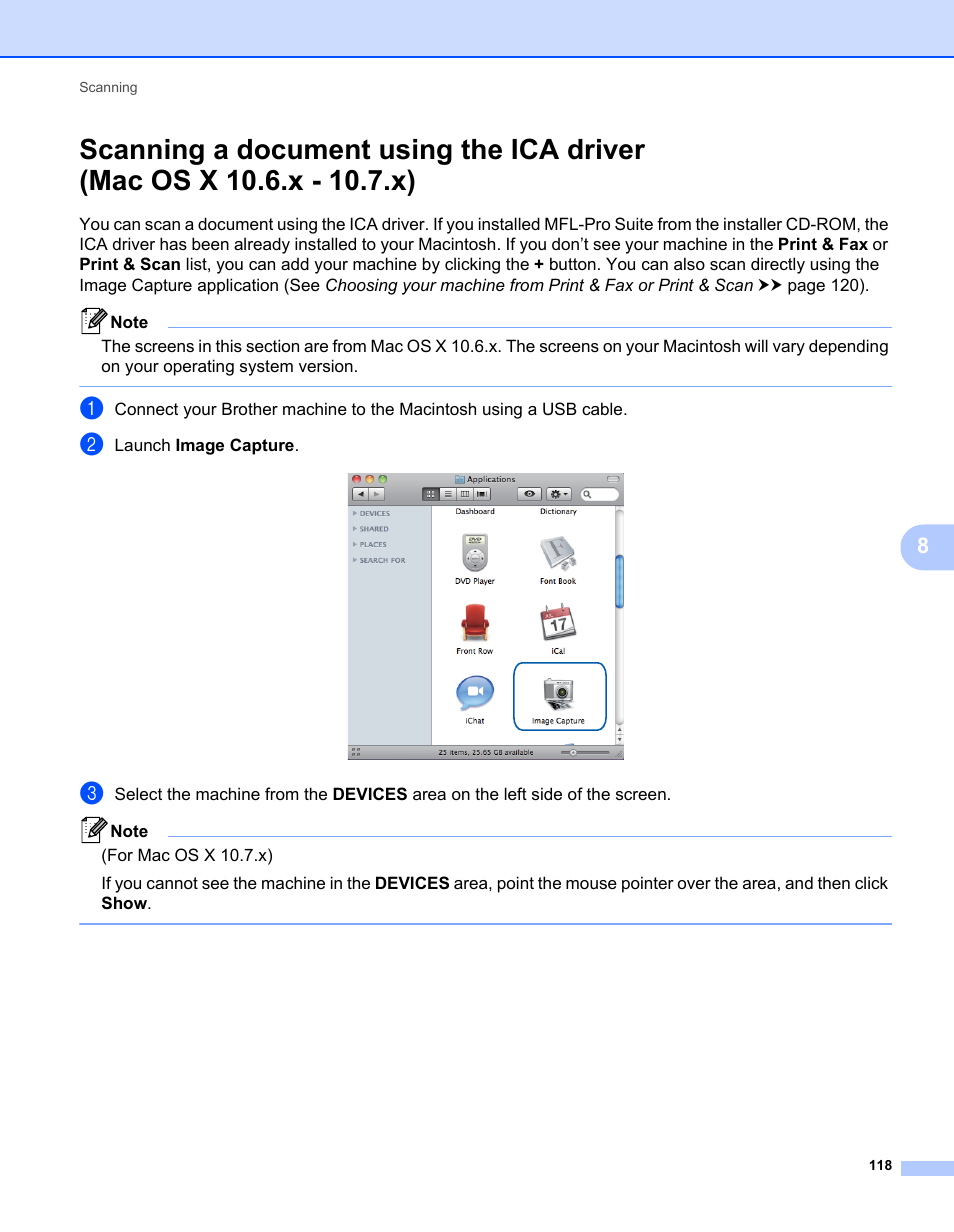 Scanning a document using the ica driver, Mac os x 10.6.x - 10.7.x) | Brother MFC-7240 User Manual | Page 125 / 160