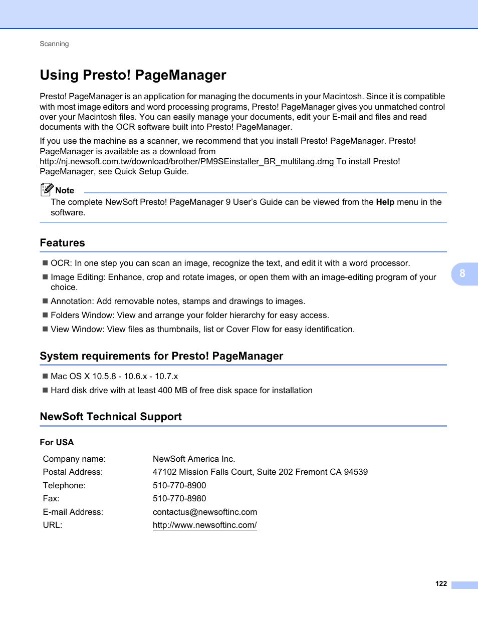 Features, Newsoft technical support, Using presto! pagemanager | System requirements for presto! pagemanager | Brother MFC-7240 User Manual | Page 129 / 160