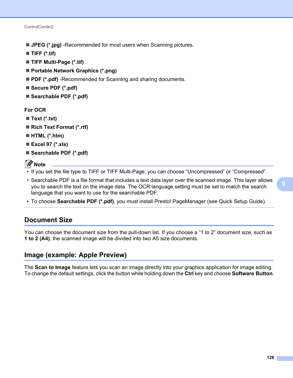 Document size, Image (example: apple preview), Document size image (example: apple preview) | Brother MFC-7240 User Manual | Page 135 / 160