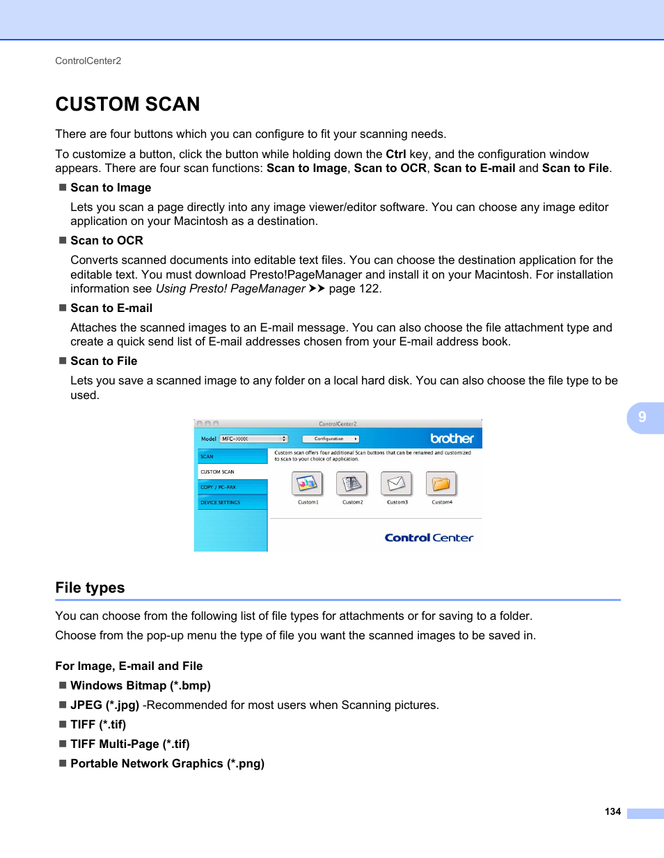 Custom scan, File types | Brother MFC-7240 User Manual | Page 141 / 160