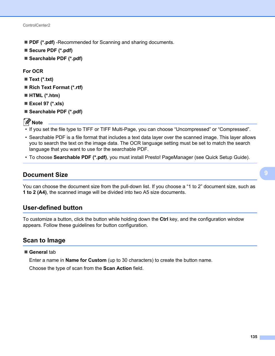 Document size, User-defined button, Scan to image | Document size user-defined button scan to image | Brother MFC-7240 User Manual | Page 142 / 160