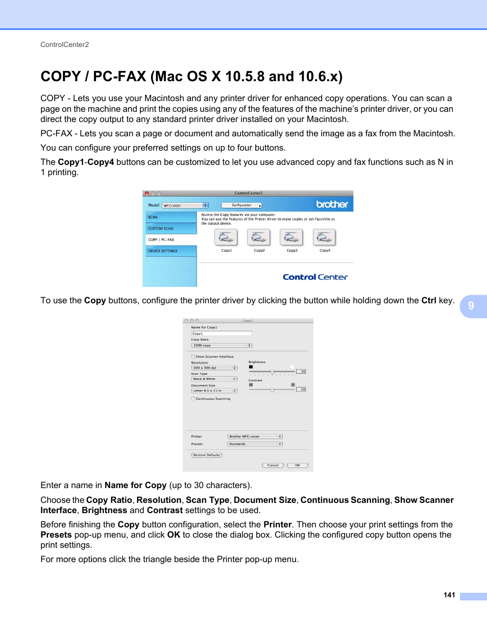 Copy / pc-fax (mac os x 10.5.8 and 10.6.x) | Brother MFC-7240 User Manual | Page 148 / 160