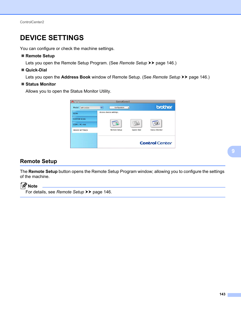 Device settings, Remote setup | Brother MFC-7240 User Manual | Page 150 / 160