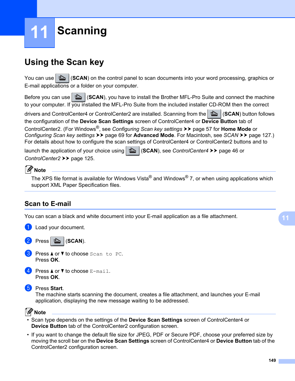 11 scanning, Using the scan key, Scan to e-mail | Scanning | Brother MFC-7240 User Manual | Page 156 / 160