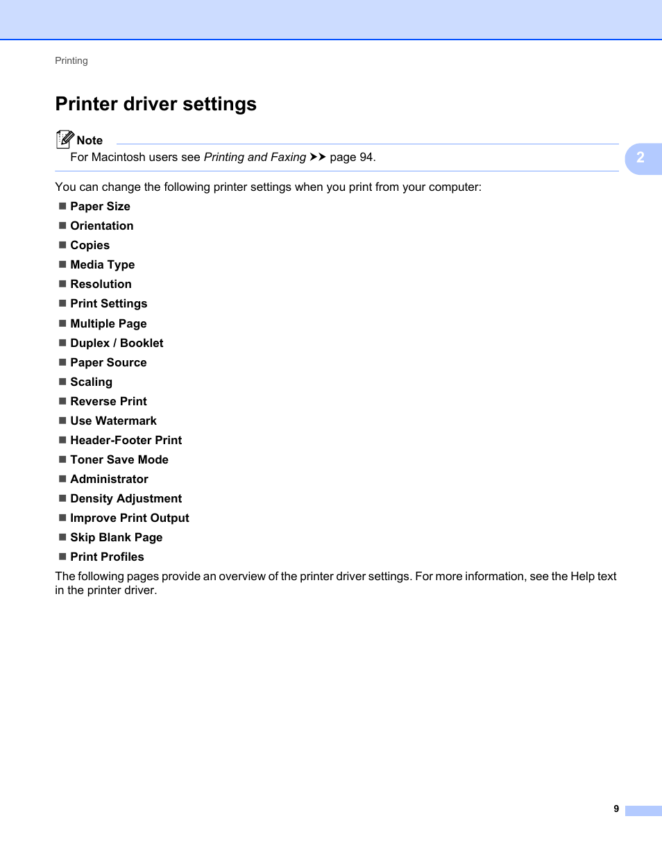 Printer driver settings | Brother MFC-7240 User Manual | Page 16 / 160