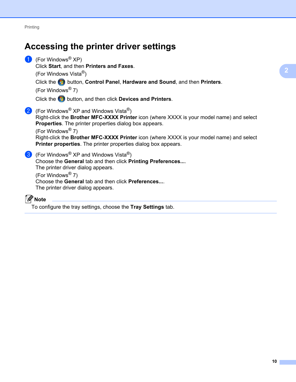 Accessing the printer driver settings | Brother MFC-7240 User Manual | Page 17 / 160