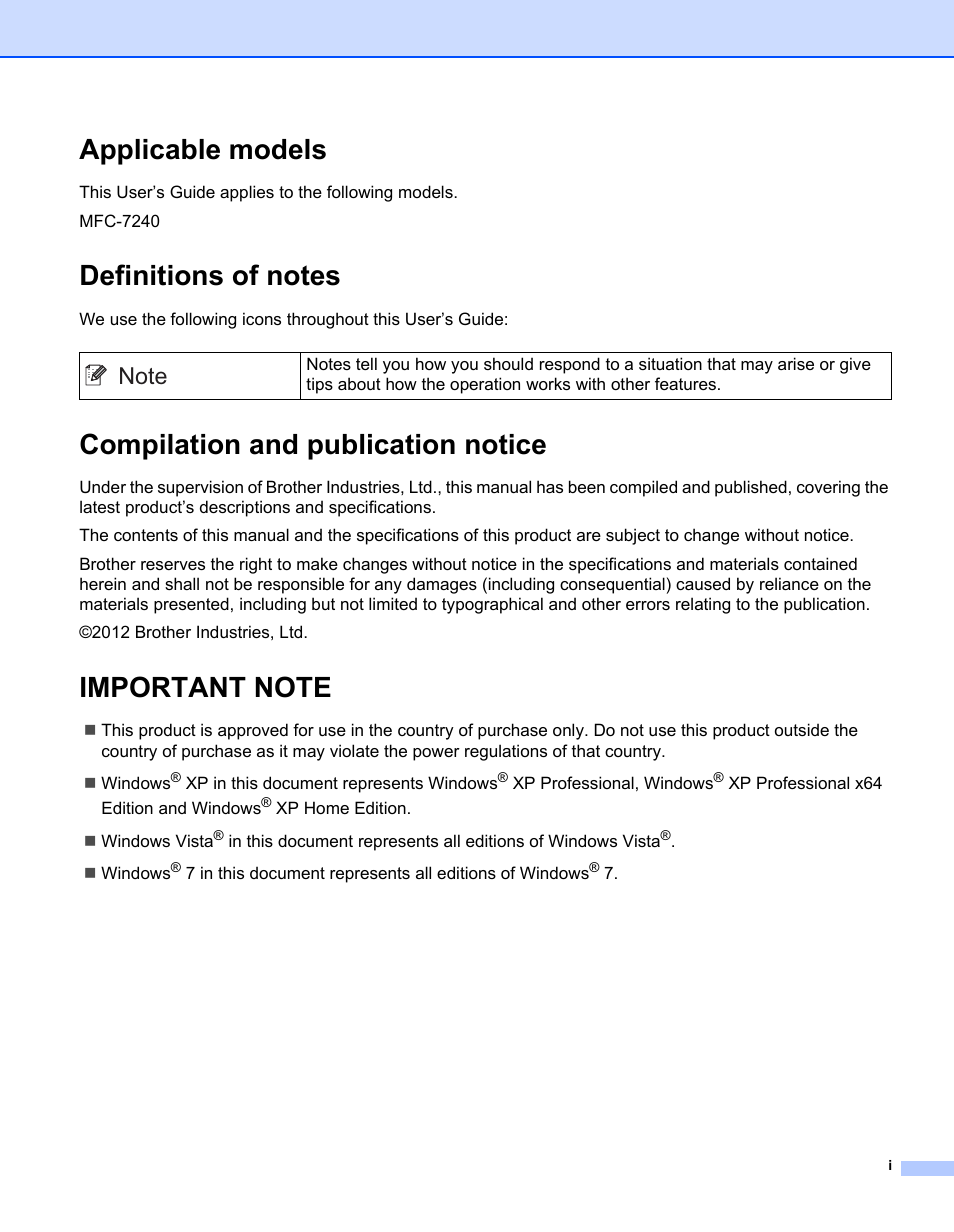 Applicable models, Definitions of notes, Compilation and publication notice | Important note | Brother MFC-7240 User Manual | Page 2 / 160