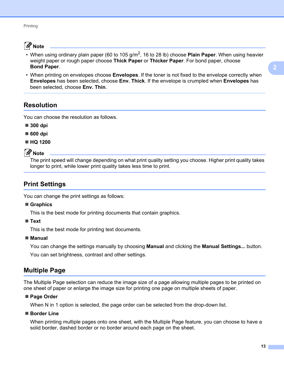 Resolution, Print settings, Multiple page | Brother MFC-7240 User Manual | Page 20 / 160