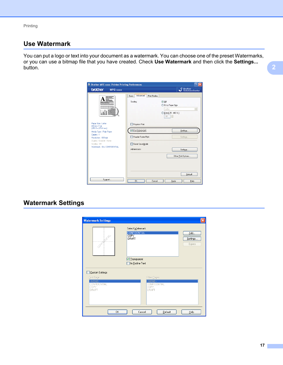 Use watermark, Watermark settings, Use watermark watermark settings | 2use watermark | Brother MFC-7240 User Manual | Page 24 / 160