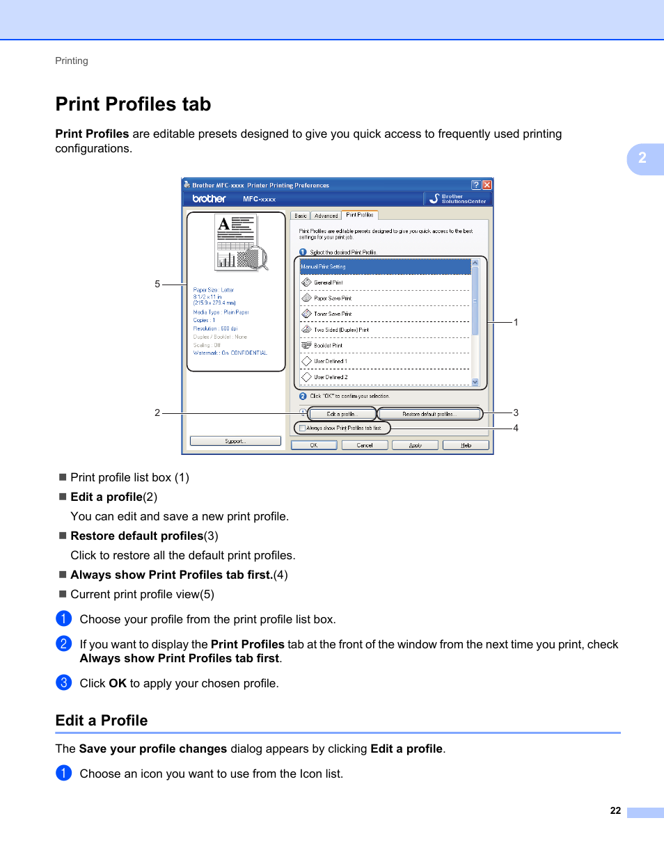 Print profiles tab, Edit a profile | Brother MFC-7240 User Manual | Page 29 / 160