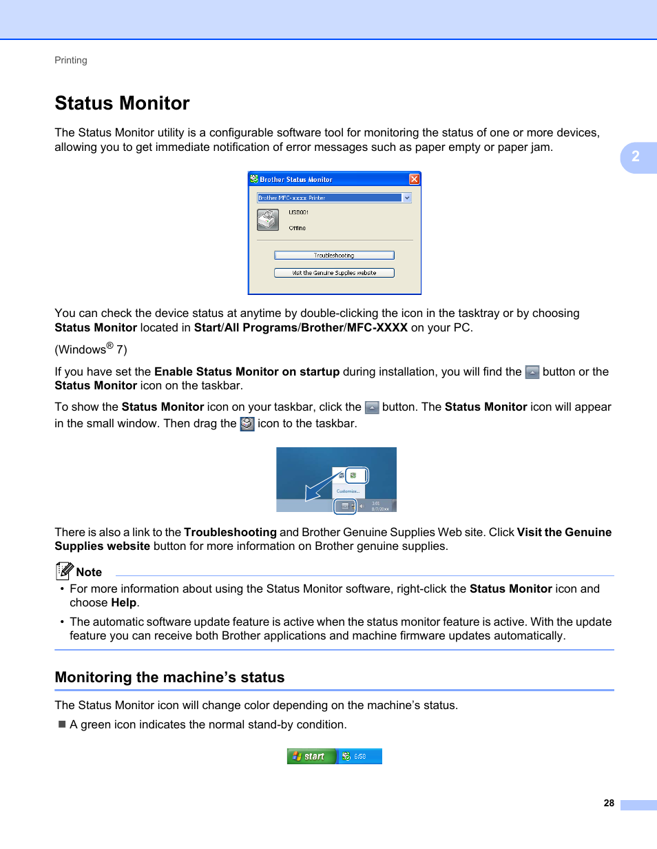 Status monitor, Monitoring the machine’s status | Brother MFC-7240 User Manual | Page 35 / 160