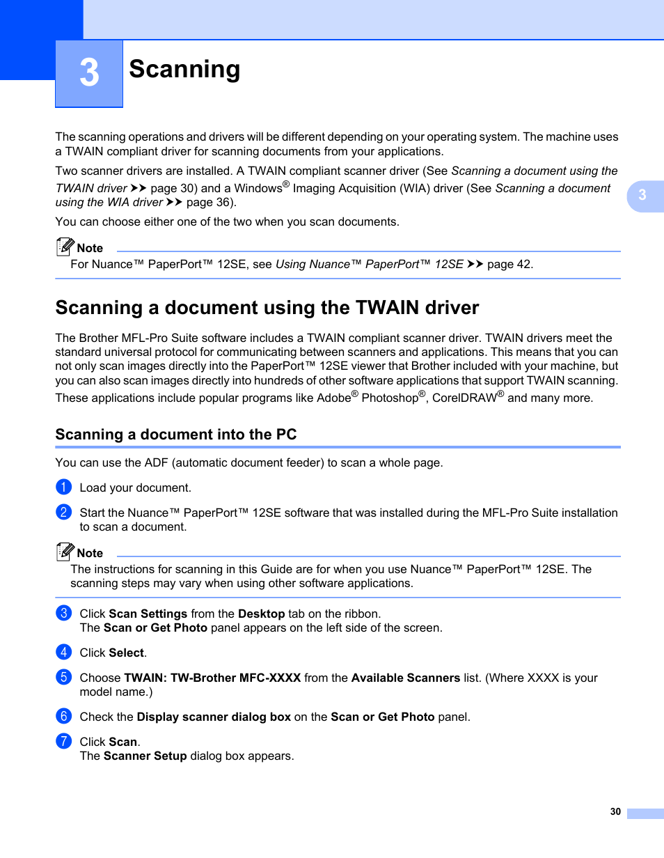 3 scanning, Scanning a document using the twain driver, Scanning a document into the pc | Scanning | Brother MFC-7240 User Manual | Page 37 / 160