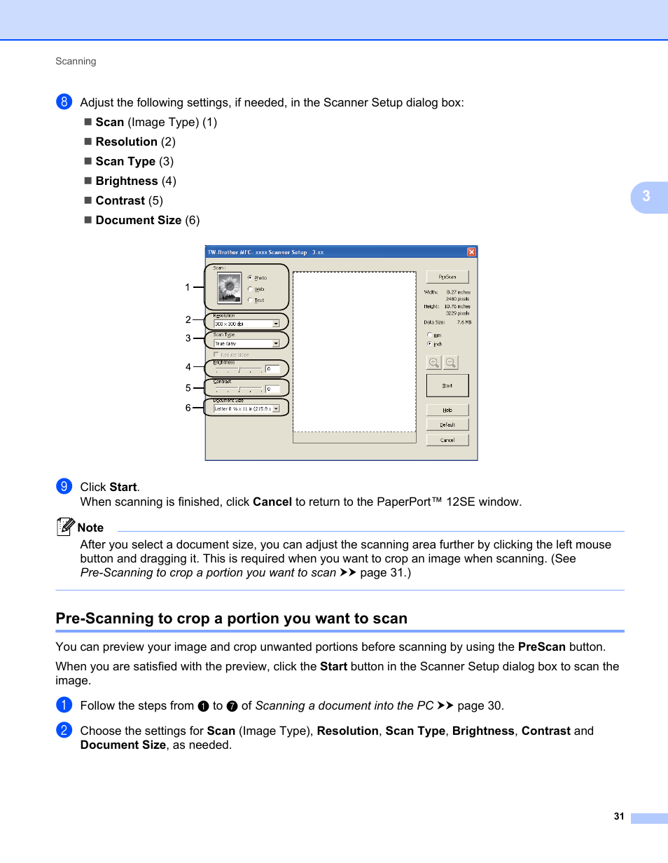 Pre-scanning to crop a portion you want to scan | Brother MFC-7240 User Manual | Page 38 / 160