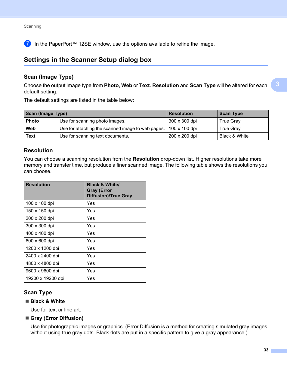 Settings in the scanner setup dialog box, Scan (image type), Resolution | Scan type | Brother MFC-7240 User Manual | Page 40 / 160