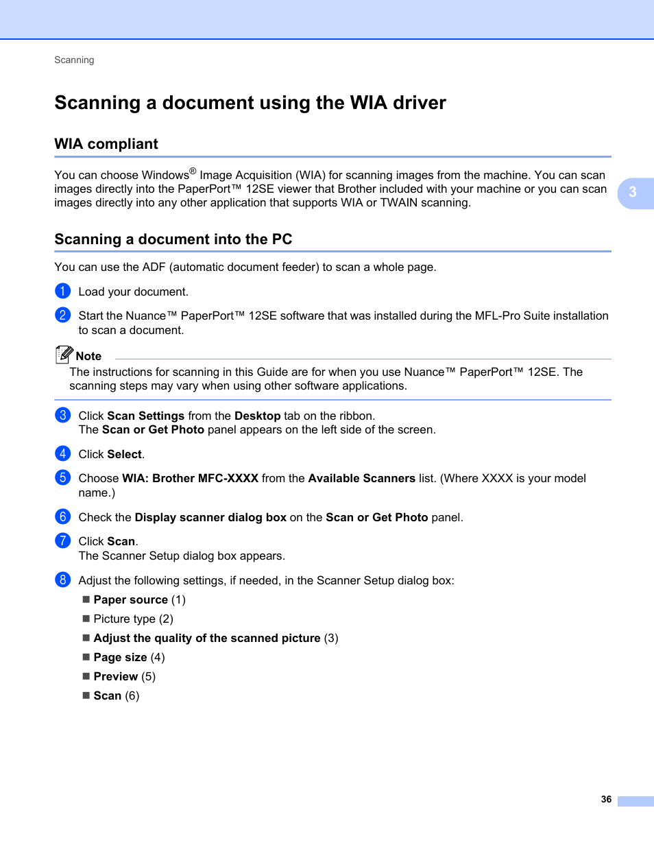 Scanning a document using the wia driver, Wia compliant, Scanning a document into the pc | Wia compliant scanning a document into the pc, See scanning a document | Brother MFC-7240 User Manual | Page 43 / 160