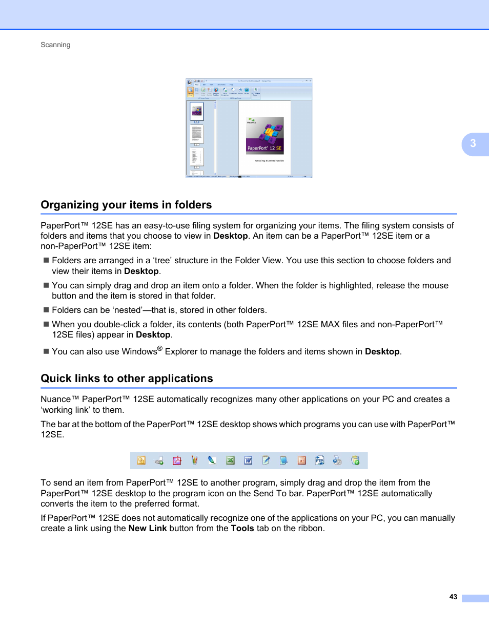 Organizing your items in folders, Quick links to other applications | Brother MFC-7240 User Manual | Page 50 / 160