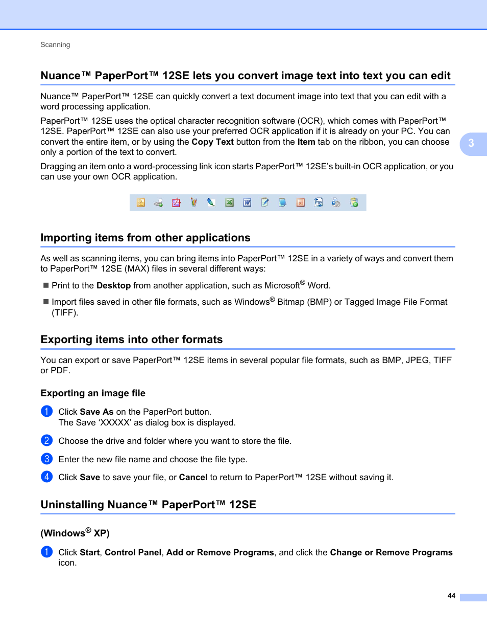 Importing items from other applications, Exporting items into other formats, Exporting an image file | Uninstalling nuance™ paperport™ 12se, Windows® xp) | Brother MFC-7240 User Manual | Page 51 / 160