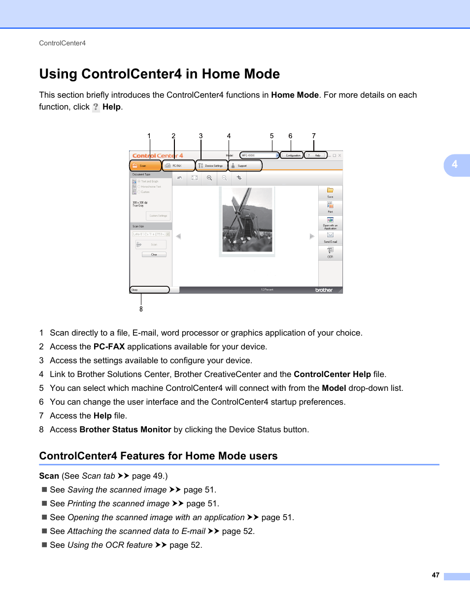 Using controlcenter4 in home mode, Controlcenter4 features for home mode users | Brother MFC-7240 User Manual | Page 54 / 160