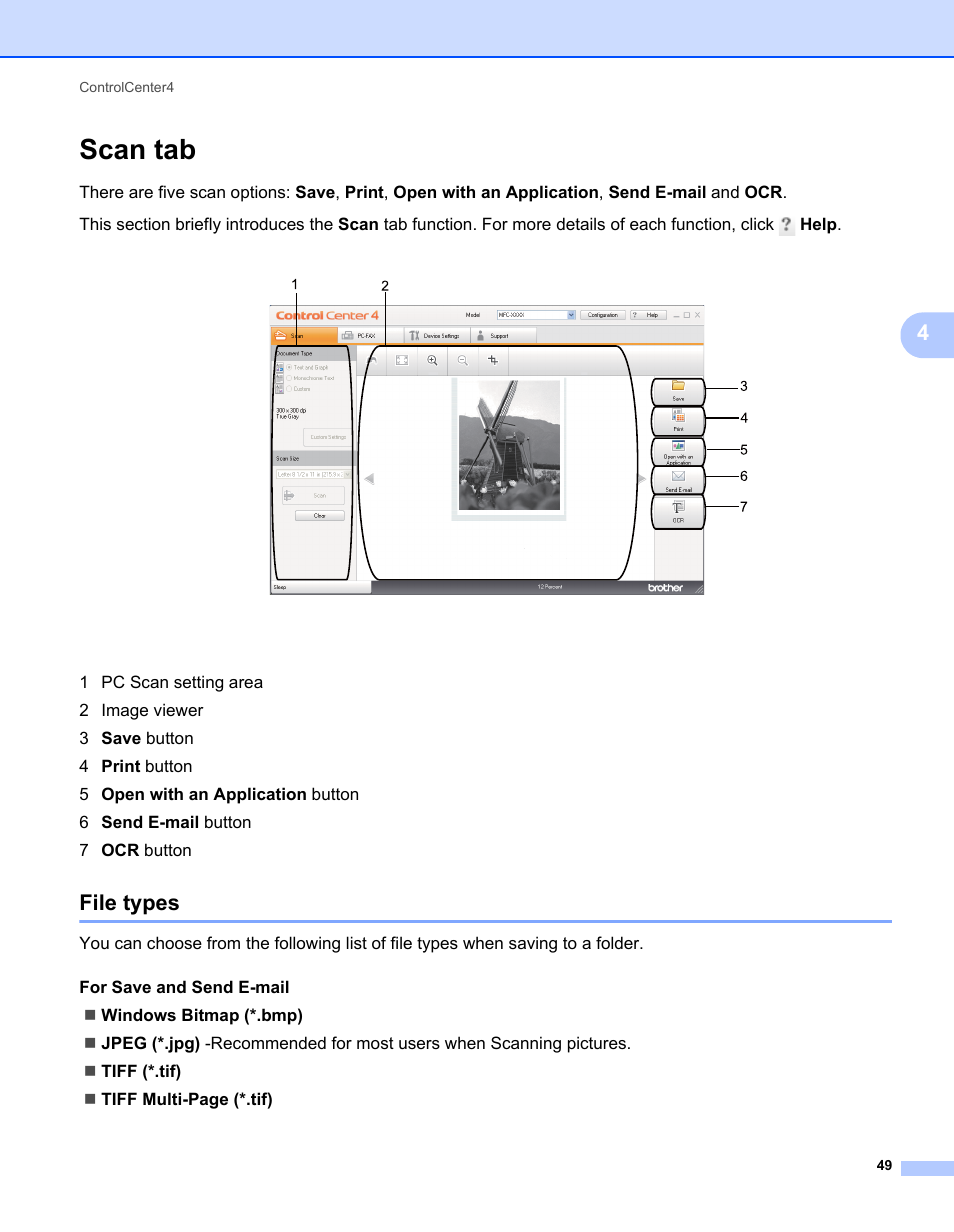 Scan tab, File types | Brother MFC-7240 User Manual | Page 56 / 160