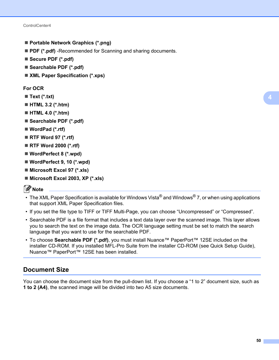 Document size | Brother MFC-7240 User Manual | Page 57 / 160