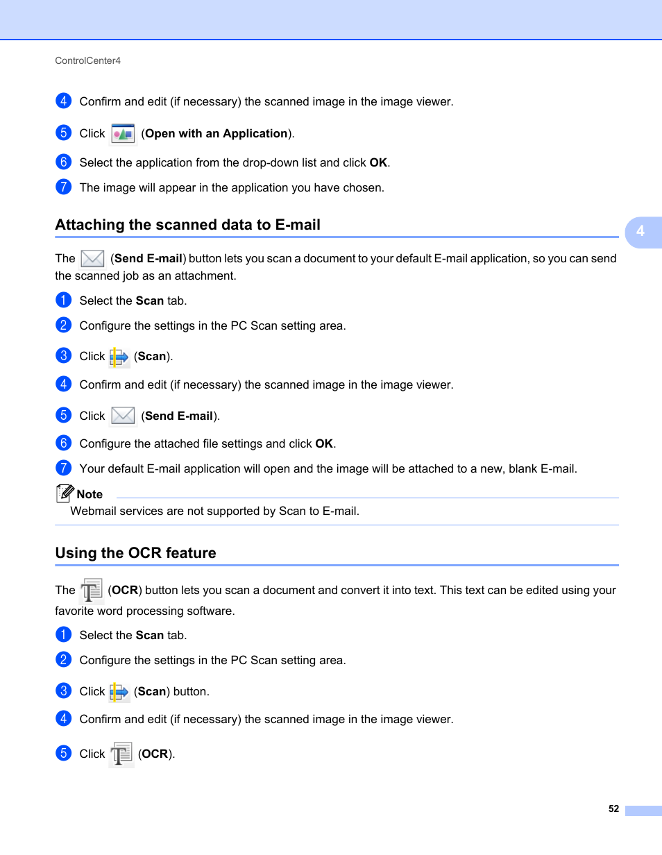 Attaching the scanned data to e-mail, Using the ocr feature | Brother MFC-7240 User Manual | Page 59 / 160