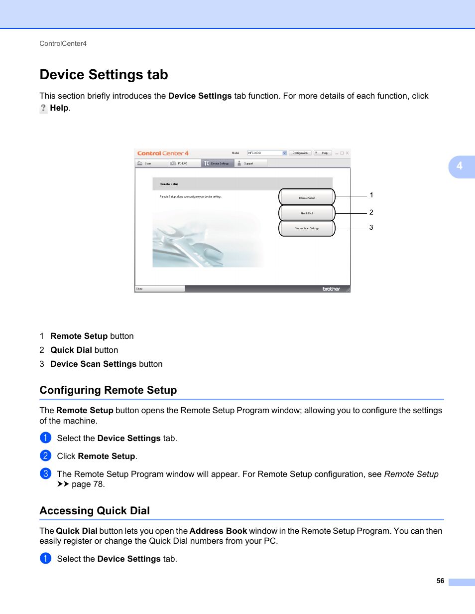 Device settings tab, Configuring remote setup, Accessing quick dial | Configuring remote setup accessing quick dial | Brother MFC-7240 User Manual | Page 63 / 160