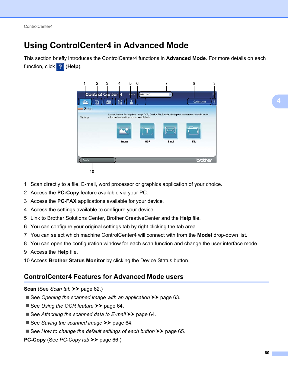 Using controlcenter4 in advanced mode, Controlcenter4 features for advanced mode users, Ings. see using controlcenter4 in advanced mode uu | Brother MFC-7240 User Manual | Page 67 / 160