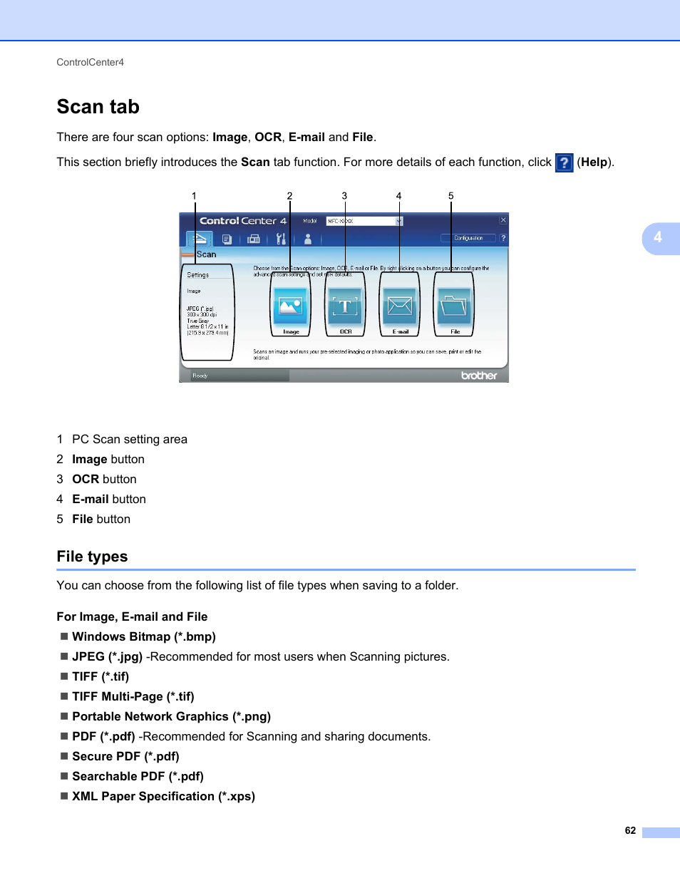 Scan tab, File types | Brother MFC-7240 User Manual | Page 69 / 160