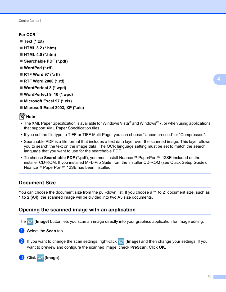 Document size, Opening the scanned image with an application | Brother MFC-7240 User Manual | Page 70 / 160