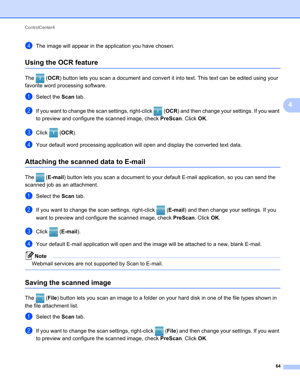 Using the ocr feature, Attaching the scanned data to e-mail, Saving the scanned image | Brother MFC-7240 User Manual | Page 71 / 160