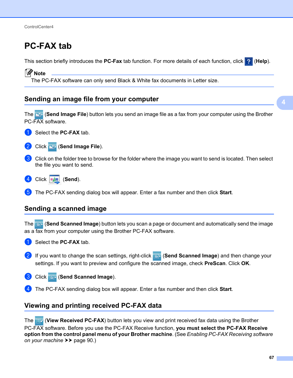 Pc-fax tab, Sending an image file from your computer, Sending a scanned image | Viewing and printing received pc-fax data | Brother MFC-7240 User Manual | Page 74 / 160