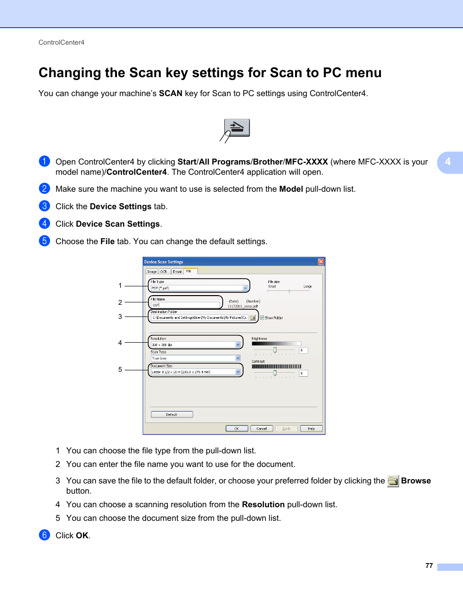 Changing the scan key settings for scan to pc menu | Brother MFC-7240 User Manual | Page 84 / 160