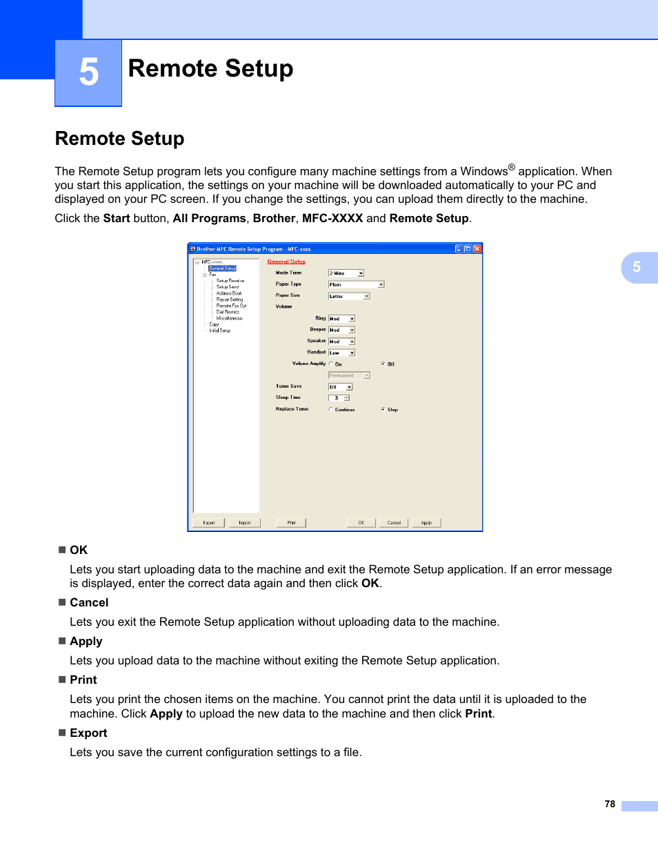 5 remote setup, Remote setup, Remote setup uu | E remote setup uu | Brother MFC-7240 User Manual | Page 85 / 160