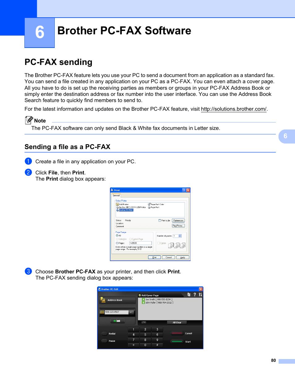 6 brother pc-fax software, Pc-fax sending, Sending a file as a pc-fax | Brother pc-fax software 80, Brother pc-fax software | Brother MFC-7240 User Manual | Page 87 / 160