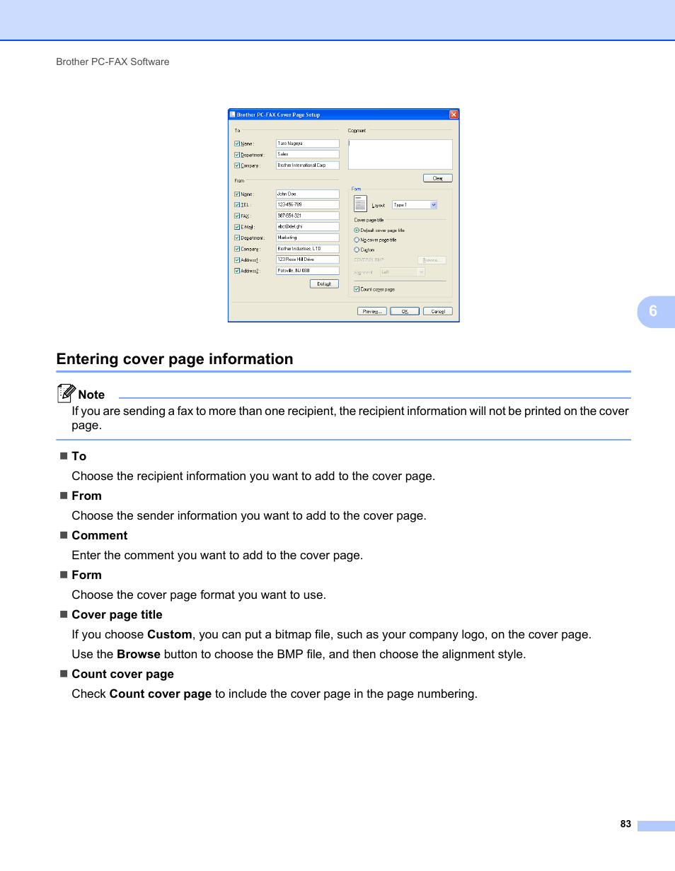 Entering cover page information | Brother MFC-7240 User Manual | Page 90 / 160