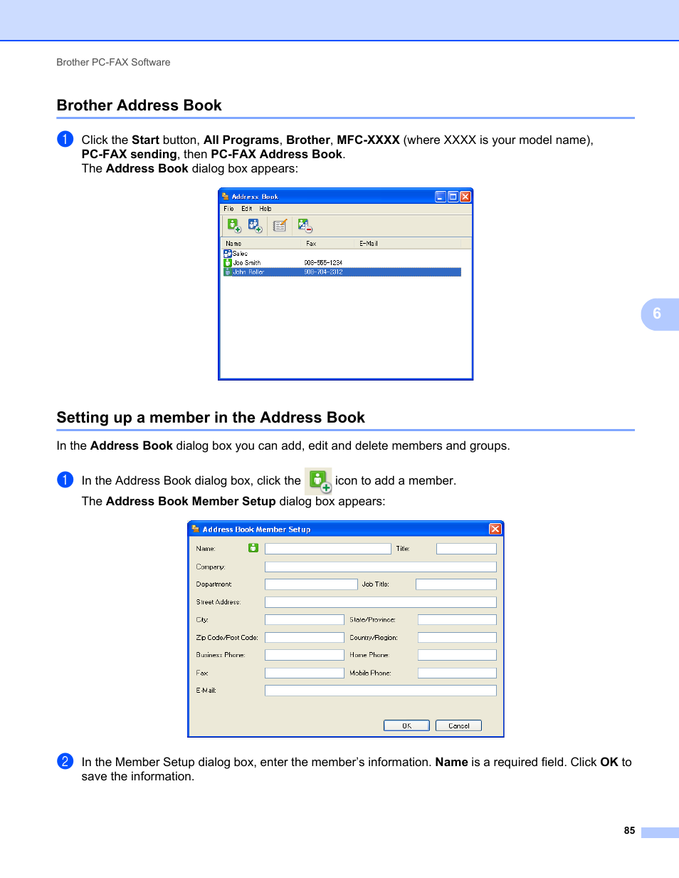 Brother address book, Setting up a member in the address book, 6brother address book | Brother MFC-7240 User Manual | Page 92 / 160