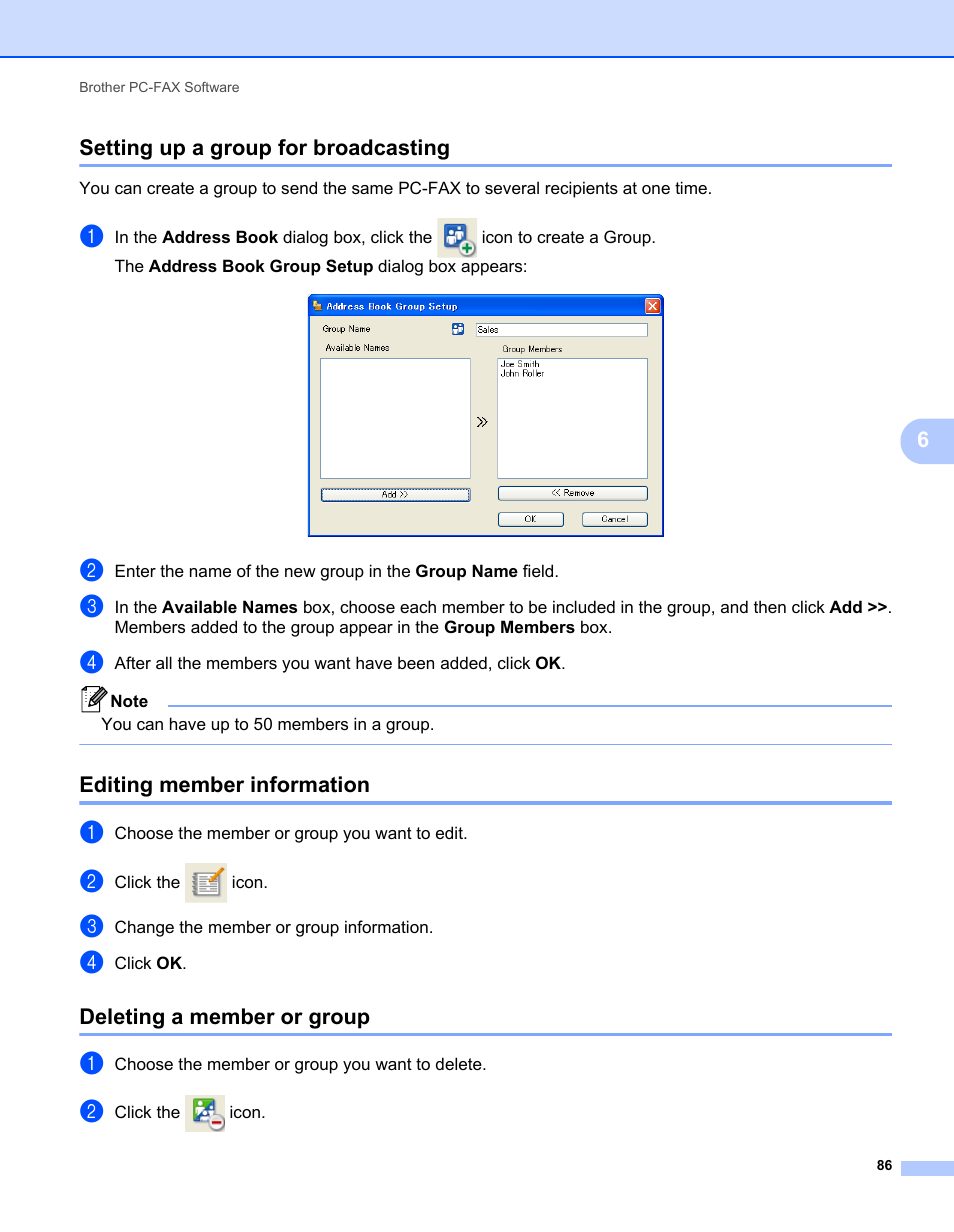 Setting up a group for broadcasting, Editing member information, Deleting a member or group | 6setting up a group for broadcasting | Brother MFC-7240 User Manual | Page 93 / 160