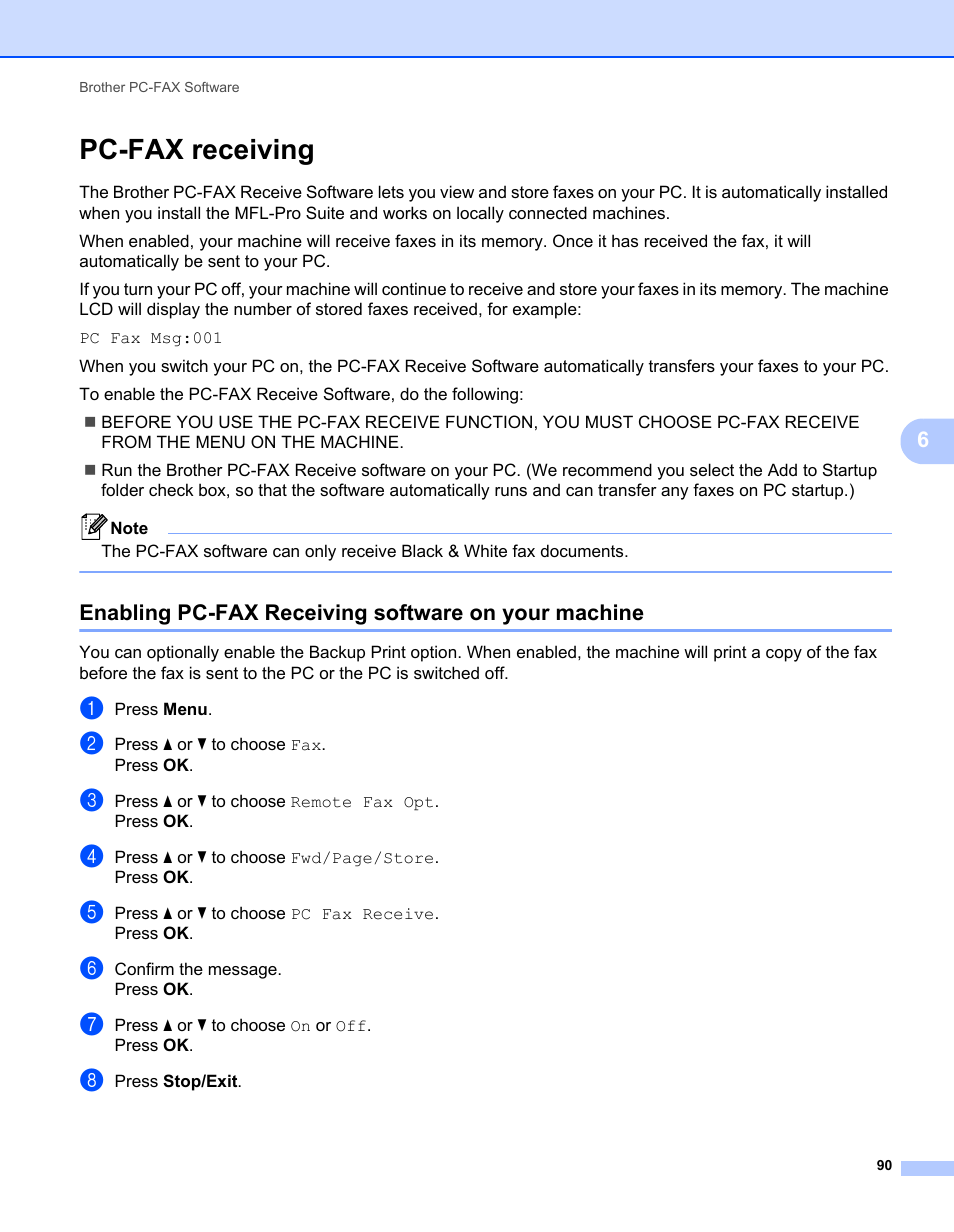 Pc-fax receiving, Enabling pc-fax receiving software on your machine | Brother MFC-7240 User Manual | Page 97 / 160