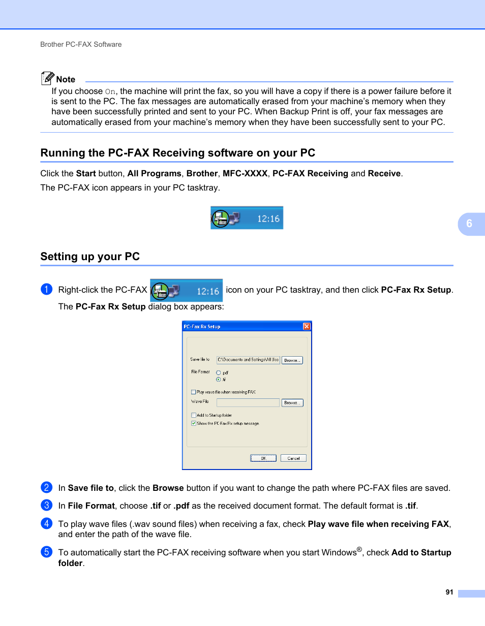 Running the pc-fax receiving software on your pc, Setting up your pc | Brother MFC-7240 User Manual | Page 98 / 160